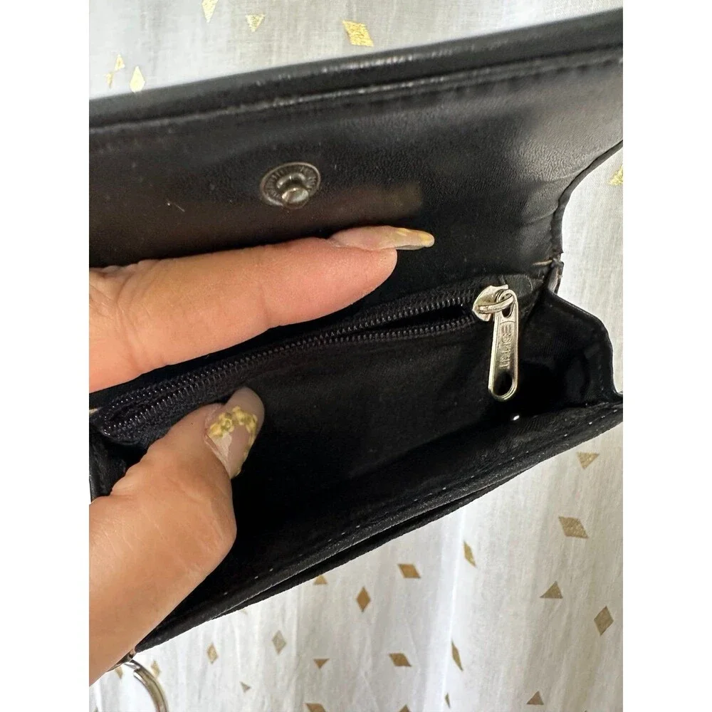 Vintage Esprit Black Faux Textured Leather Mini Zipper ID Pocket Wallet Key Ring